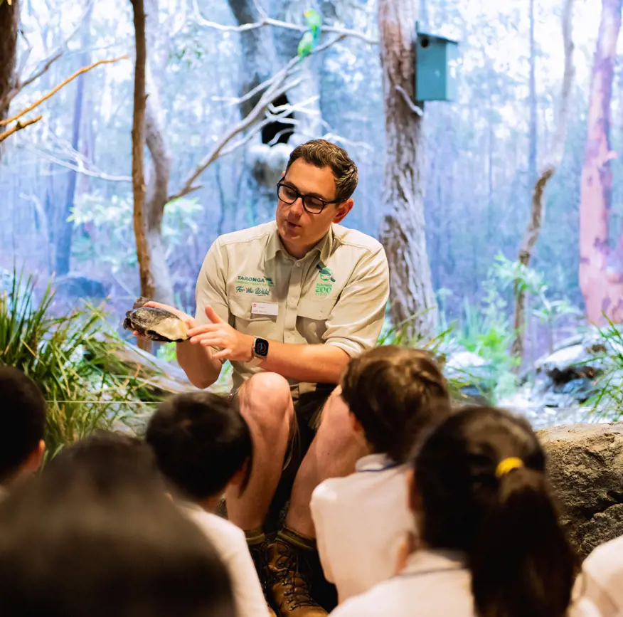 School students seated on the floor during a teacher‑led lesson in an immersive habitat classroom.