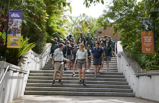 Group of school students walking down entry steps at Taronga Zoo led by Taronga's educators