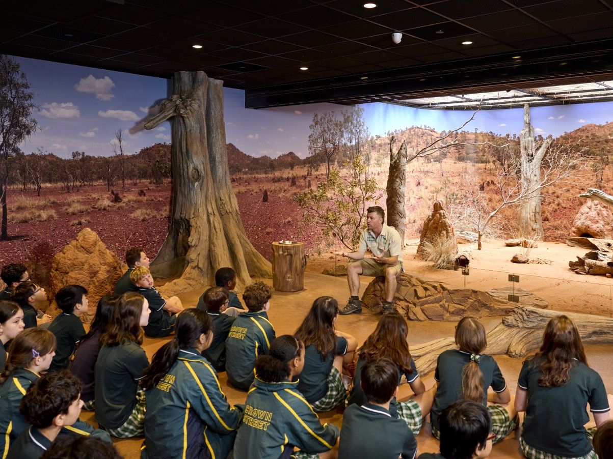 School students seated indoors listening to a guide in a desert-themed immersive classroom.