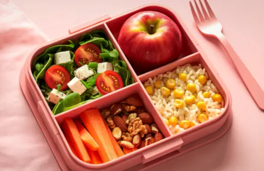 Healthy bento lunch box with apple, salad, carrot sticks, corn, and nuts in separate compartments.