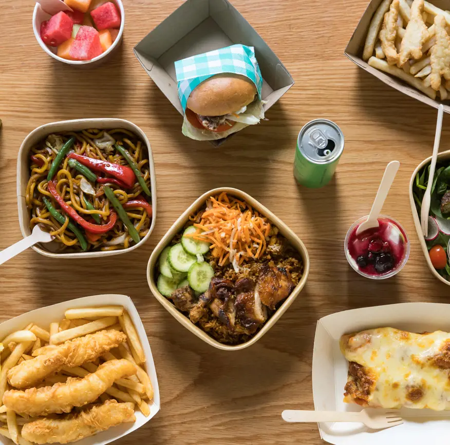 A variety of food options from Taronga Food Market including fish and chips, nasi goreng, nuggets and chips, lasagne, salad, burger and fruit.
