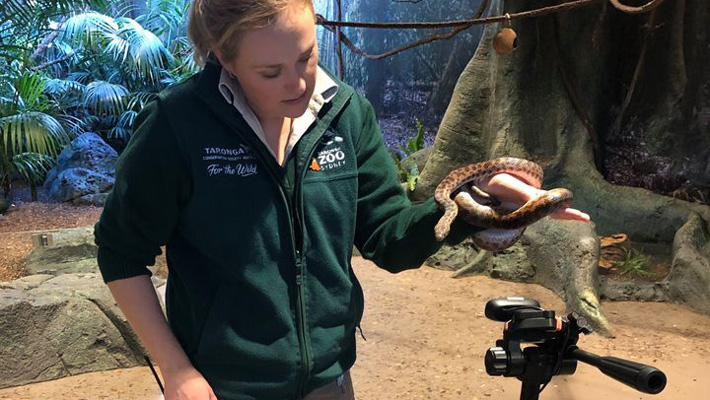 Education Officer, Georgie Cairns, hosting a Virtual Zoo Lesson from the Woodlands immersive Habitat Classroom at Taronga Zoo Sydney.